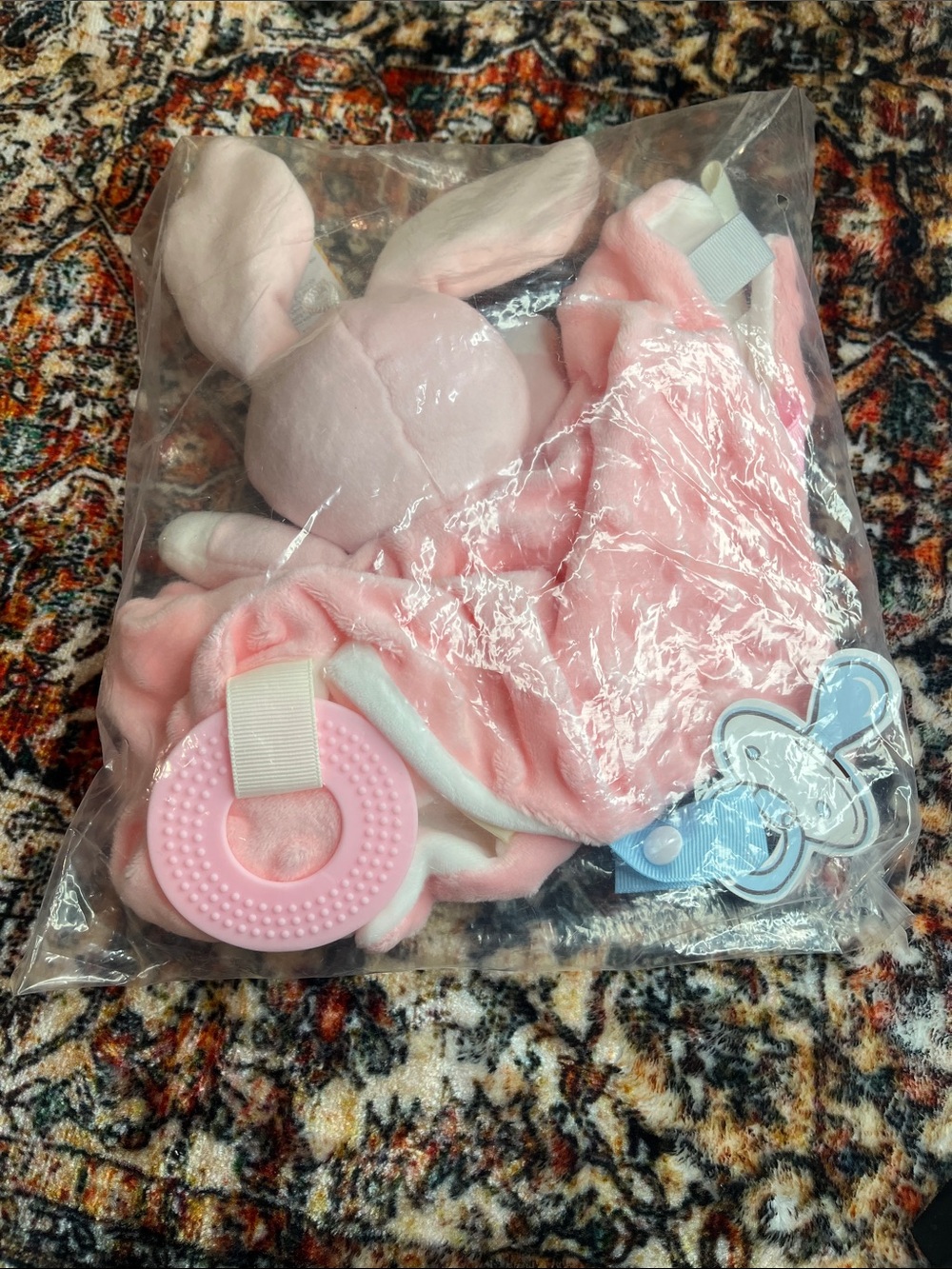Plush Pink Bunny Comforter with Teether and Pacifier Clips